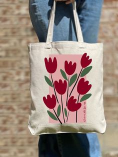 #aesthetic #fashion #tote #tulips #painting #flowers #floral #cotton #bookbagart #monday Stamped Canvas Bags, Easy Tote Bag Design, Scrap Tote Bag, Daily Use Flower-shaped Bag With Removable Pouch, Daily Use Flower-shaped Bags With Removable Pouch, Red Floral Print Tote Bag, Red Floral Print Bags For Daily Use, Pink Tote Bag For Mother's Day, Daily Use Red Floral Print Bags