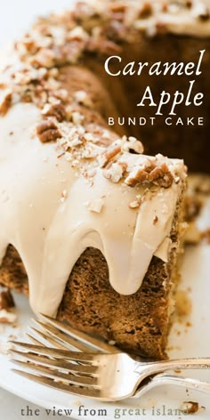 a close up of a piece of cake on a plate with a fork and the words caramel apple bundt cake