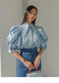 Korean Shirt Outfit Women, Unique Tops For Women, Tops For Women Korean, Elegant Silk Dresses, Puff Blouse, Luxury Clothing Brands, Trendy Shirt Designs, Fancy Tops, Big Collar