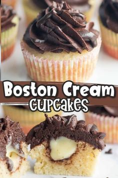 boston cream cupcakes with chocolate frosting on top