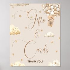 a card that says gifts and cards thank you with gold foil stars on the front