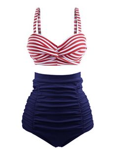 Striped Colorblock Retro Bikini Set – Retro Stage - Chic Vintage Dresses and Accessories Mexican Swimsuit, 80s Bikinis Vintage, Vintage Inspired Swimwear, Plus Size Bikinis, Bikinis Retro, Style Vert, High Waisted Swimsuit