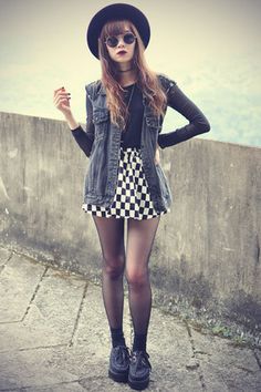 Creepers-shoes-oasap-hat-mesh-top-checked-skirt-choies-skirt-denim-vest Alternative Fashion Skirts, Indie Outfits Alternative Fashion, Winter Hipster, Indie Outfits Grunge, Look Grunge, Woman In Black, Hipster Grunge, Rock Chic