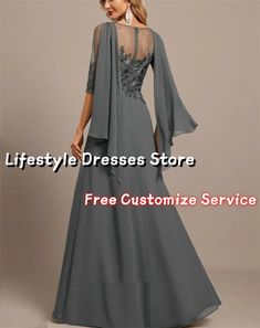 a woman in a gray dress with the words, lifestyle dresses store free customize service