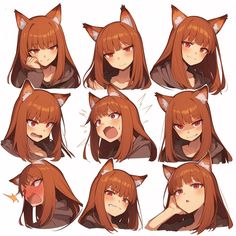 an anime character's head with various facial expressions and hair styles, including cat ears