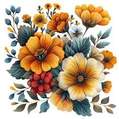 an artistic painting of flowers and leaves on a white background with blue, yellow, orange and red colors