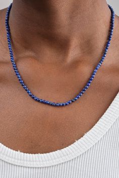 Beaded lapis lazuli necklace Unmistakably timeless gem in a deep and exquisite shade of blue Crafted to be worn alone or elegantly stacked Measures 18” 14k gold ball clasp Lapis is known for supporting spiritual enlightenment, diving into the inner world Ethically made in Los Angeles Necklaces sold individually Designer: Beatrice Valenzuela | Learn more about the Designer and shop the collection. Elegant Royal Blue Round Bead Necklaces, Elegant Royal Blue Round Beads Necklace, Elegant Royal Blue Round Beaded Necklace, Elegant Lapis Lazuli Necklace With Polished Beads, Elegant Sapphire Lapis Lazuli Beaded Necklace, Elegant Sapphire Necklaces With Polished Beads, Elegant Sapphire Necklace With Polished Beads, Elegant Lapis Lazuli Gemstone Beaded Necklaces, Elegant Lapis Lazuli Gemstone Beaded Necklace