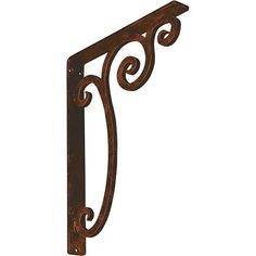 an iron shelf bracket with scroll design on the top and bottom, for decorative purposes