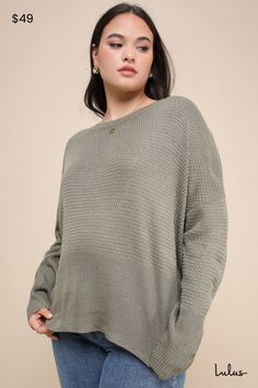 We've double checked and the Lulus Cross Reference Sage Green Oversized Backless Sweater comes up as cute every time! Textured sweater knit creates a rounded neckline, an oversized bodice, and long sleeves with drop shoulders and fitted cuffs. Wide back cutout is formed by two overlapping panels for a fun finish! Ribbed knit at the neckline, cuffs, and long hem. Fit: This garment fits true to size. Length: Size medium measures 23.5" from shoulder to hem. Bust: Great for any cup size. Waist: Not Oversized Waffle Knit Crew Neck Sweater, Oversized Waffle Knit Sweater For Layering, Oversized Soft Knit Top, Oversized Textured Knit Top With Crew Neck, Oversized Textured Knit Crew Neck Top, Oversized Chunky Knit Top For Loungewear, Oversized Chunky Knit Loungewear Top, Oversized Waffle Knit Tops For Fall, Slouchy Long Sleeve Chunky Knit Tops