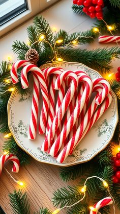 some candy canes are on a plate with christmas lights