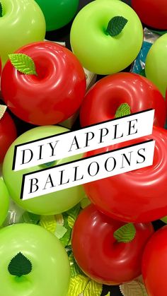 there are many different colored donuts with green and red toppings on them that say diy apple balloons