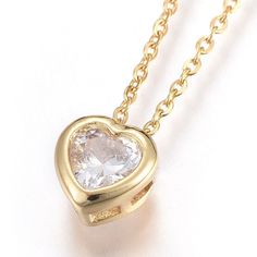 "PRICE IS FOR 1 CHAIN NECKLACE 304 Stainless Steel Pendant Necklaces, with Cubic Zirconia, Heart, Clear, Golden Size: about 1mm wide, 17.6\"(45cm) long, pendant: 6x6x4mm, chain extension: 50mm" Necklaces Heart, Heart Chain Necklace, Heart Chain, Gold Heart Necklace, Long Pendant, Stainless Steel Pendant, Minimalist Necklace, Jewellery Boxes, Heart Of Gold