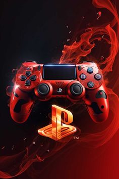 a red and black video game controller with flames in the background