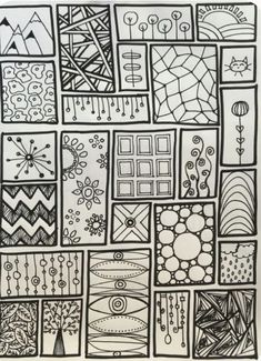 a black and white drawing with many different designs on it's sides, all in squares