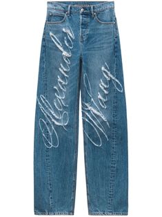 Buy from $550.00: Indigo blue cotton denim frayed detailing rivet detailing logo patch to the rear contrast stitching mid-rise belt loops concealed fly and button fastening classic five pockets wide leg Thought We Friends Jeans, Jeans With Heart Pockets, High End Streetwear Fashion, Custom Levis Jeans, Designer Blue Denim Bottoms, Jeans Brand Logo, Vivienne Westwood Jeans, Patches Jeans, Alexander Wang Denim