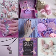 a collage of pink and purple images with hearts, moon magick necklaces, heart shaped beads, handmade jewelry