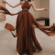 Dark Tan Dress Wore Once Like Brand New. No Stain, No Scratches. Brown Dresses Aesthetic, Flame Dress Gowns, Sun Inspired Dress, Dark Color Dresses, Dnd Dress, Gold Brown Dress, Brown Chiffon Dress, Brown Wedding Dress, Desert Dress