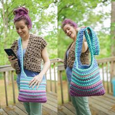 two women carrying crocheted purses and cell phones