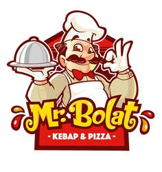 the logo for mr bolat's kebap and pizza, with a chef holding