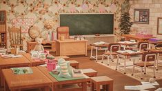 a classroom with desks and chairs in front of a chalkboard