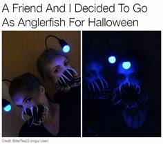 two pictures with blue lights on their faces and hands in the shape of monster heads