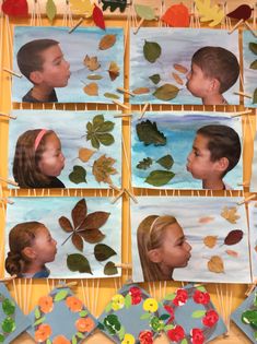 several pictures of children with autumn leaves hanging from clothes pins and paper clips on a table