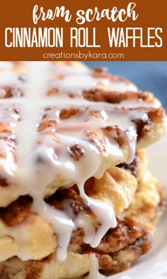 cinnamon roll waffles with icing drizzled on top