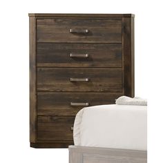 a bed with a wooden headboard and chest of drawers on it's side