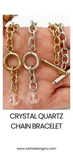 9mm plated brass chain bracelet Toggle clasp Silver or gold finish Available in 4 sizes (see chart for reference) Small Crystal Quartz Models wrist measures 5" and she is wearing the S Crystal Quartz