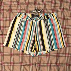 Make Me An Offer! Or Bundle 3 And Save 30%! Feels Like Denim White, Black, Yellow, Salmon, Aqua Candy Stripe Design 4 Real Pockets Brand New, Never Been Used! Super High Waisted Jeans, Rock Jeans, Black White Yellow, Retro Shorts, Motel Rocks, Tailored Shorts, Brown Shorts, High Waisted Jean Shorts, Blue Jean Shorts