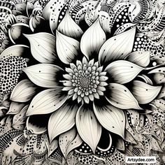 a black and white drawing of a large flower with lots of dots on the petals