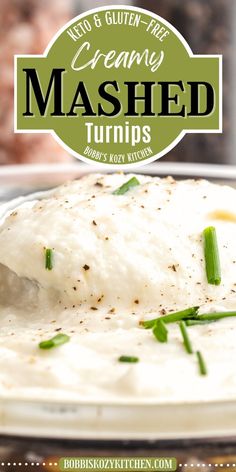 creamy mashed turnips on a plate with green onions