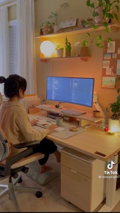 a woman sitting at a desk with a computer