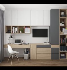 a room with a desk, bookshelf and computer monitor on top of it