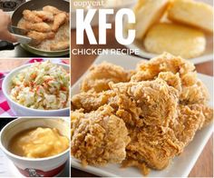 fried chicken is on a white plate next to other food items and the words, kfc chicken recipe