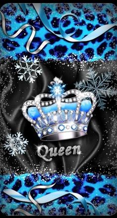 a blue and black background with snowflakes, stars and a crown on it