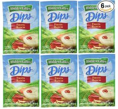 six packets of dips are shown in this image