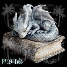 a white dragon sitting on top of an old book