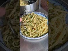 three pictures show different stages of pasta being cooked in the same pan and then put into another bowl