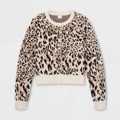 Women's Cozy Knit Cardigan - A New Day™ Brown Leopard Print M : Target Womens Crewneck, Brown Leopard, Cozy Knit, Casual Fit, Cozy Knits, Casual Fits, A New Day, Sweater Shop, Classic Looks