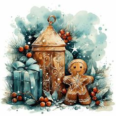 a watercolor painting of two gingerbreads next to a lantern and christmas decorations