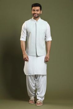 Shop for Kora By Nilesh Mitesh Grey Silk Blend Lucknowi Work Bundi And Kurta Set for Men Online at Aza Fashions