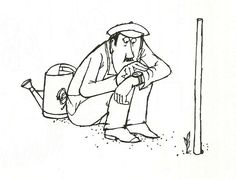 a drawing of a man sitting on the ground next to a pole and watering can