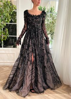 Belle of the Ball Gown | Teuta Matoshi Wedding Dress Black Detail, Black Ethereal Dress, Teuta Matoshi, Black Wedding Gowns, Black Lace Gown, Exquisite Dresses, Black Ball Gown, Tight Dress Outfit, Beautiful Long Dresses