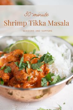 shrimp tikka masala served with white rice and cilantro