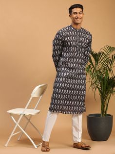 vastramay mens black color ikkat print cotton blend kurta with white pant set Casual Black Festive Kurta, Black Straight Kurta For Casual Wear, Festive Long Sleeve Kurta With Ikat Print, Casual Black Straight Kurta, Cotton Kurta In Traditional Fit For Transitional Season, Traditional Long Sleeve Kurta With Relaxed Fit, Black Cotton Kurta With Traditional Patterns, Black Cotton Straight Kurta, Casual Kurta With Printed Motifs