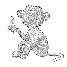 a cartoon monkey with an ornament pattern on it's body, holding a toy