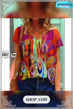 Women's T Shirt Tee Yellow Red Blue Graphic Print Short Sleeve Daily Basic V Neck Regular Loose Fit S Colorful Printed Casual Tops, Colorful Printed Short Sleeve Top, Colorful Vibrant Summer Tops, Casual Multicolor Tops With Vibrant Print, Vibrant Multicolor Print Shirt For Summer, Vibrant Graphic Print Tops For Spring, Casual Multicolor Top With Vibrant Print, Colorful Printed Casual Blouse, Colorful Printed Tops For Summer