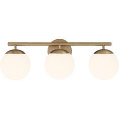 three light brass bathroom fixture with white glass globes on the top and bottom half