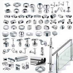 an assortment of metal objects are shown in black and white, as well as the steps